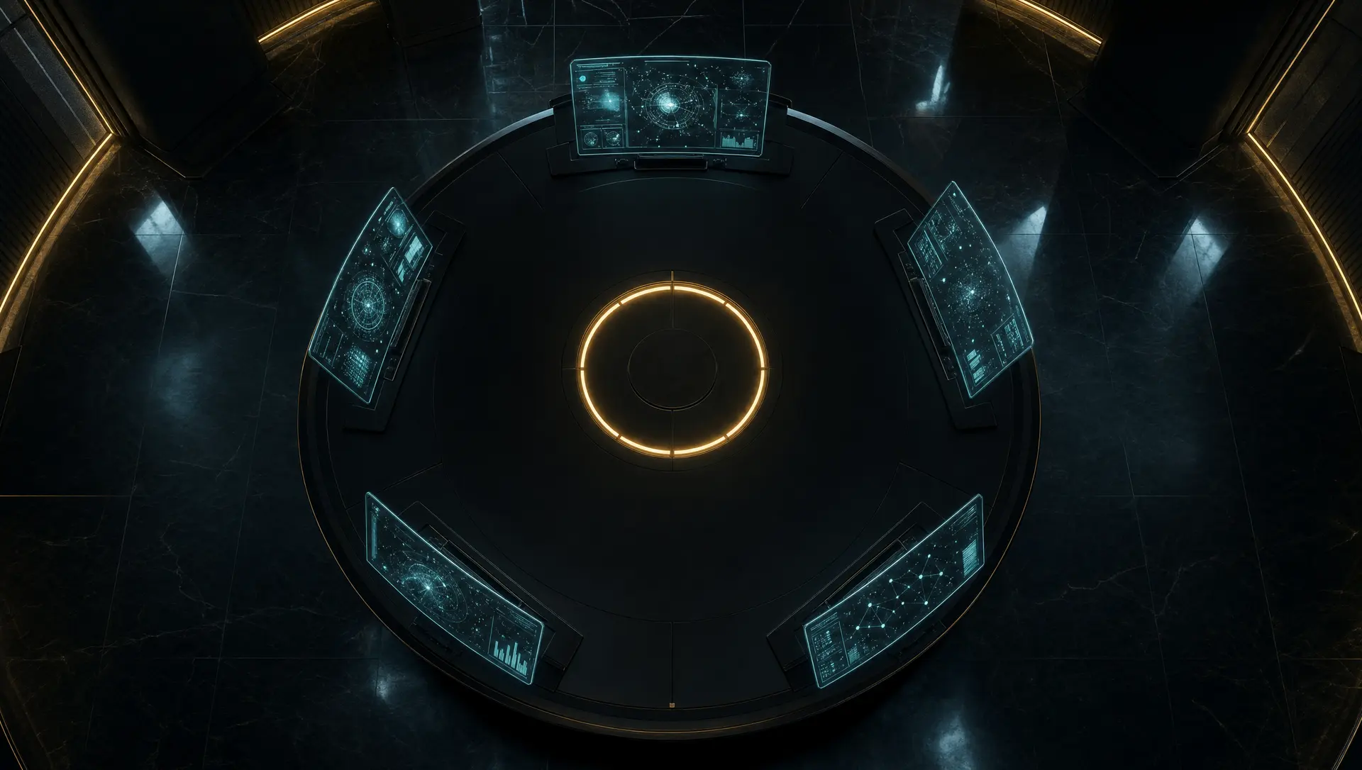 Clarity brand illustration: a luminous circular council table in a quiet architectural space.